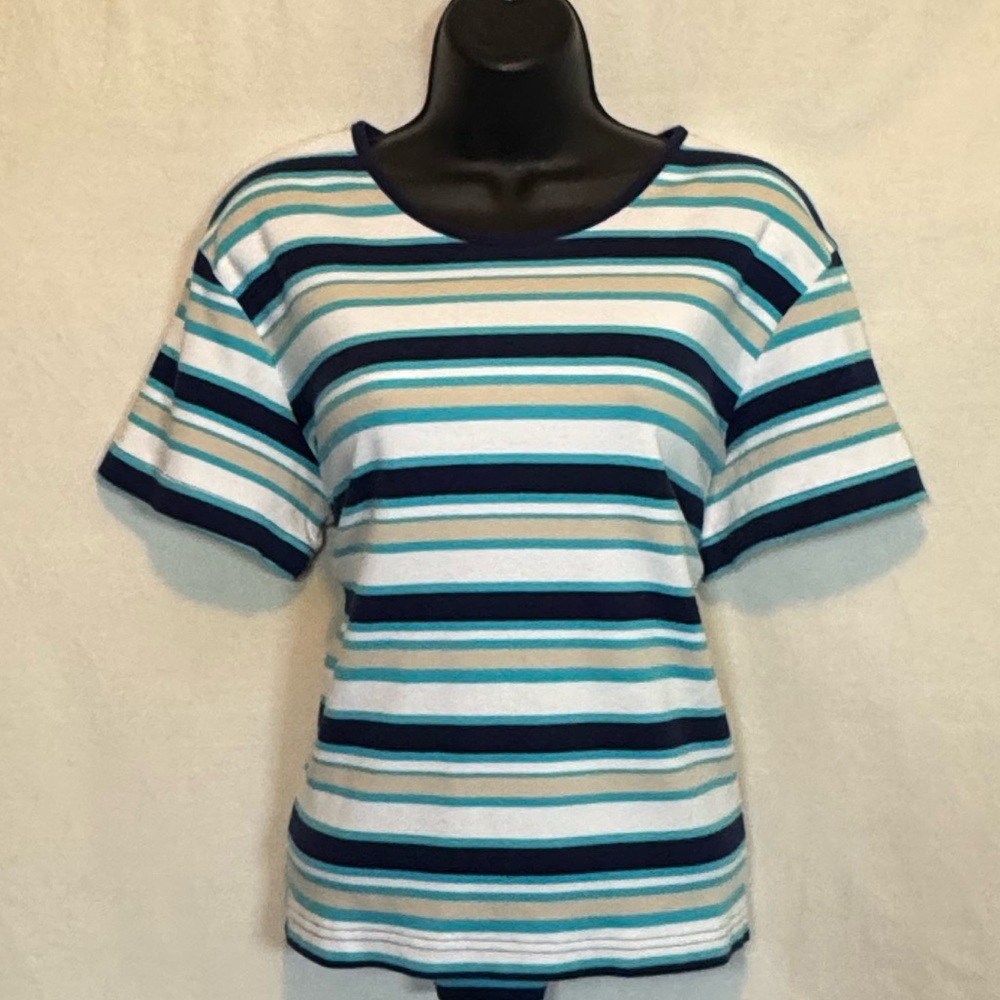 G87 CB Casual Blue White Tan & Teal Stripe Short Sleeve Pullover Blouse Size XLP